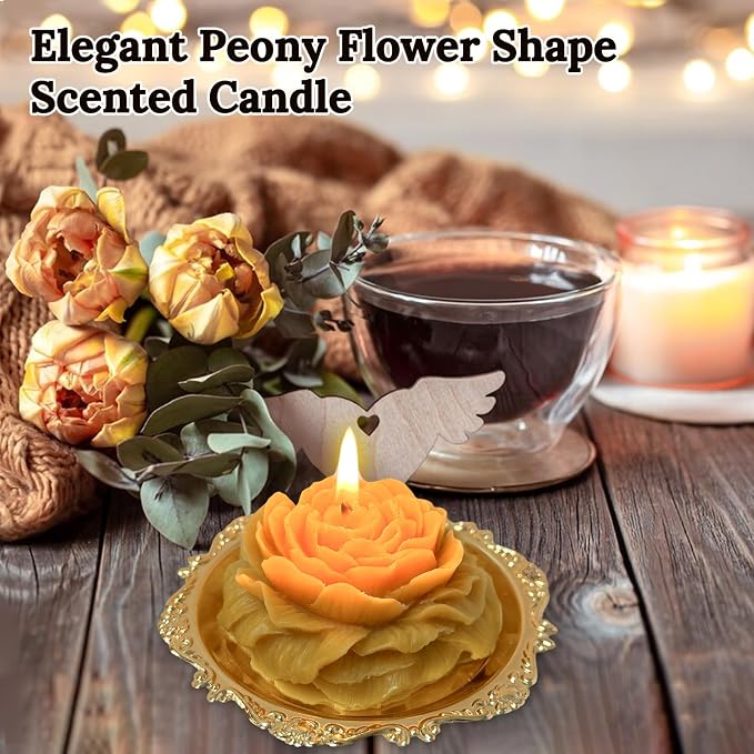 3 Inch Dark Yellow Peony Flower Shape Scented Candle - Image 2