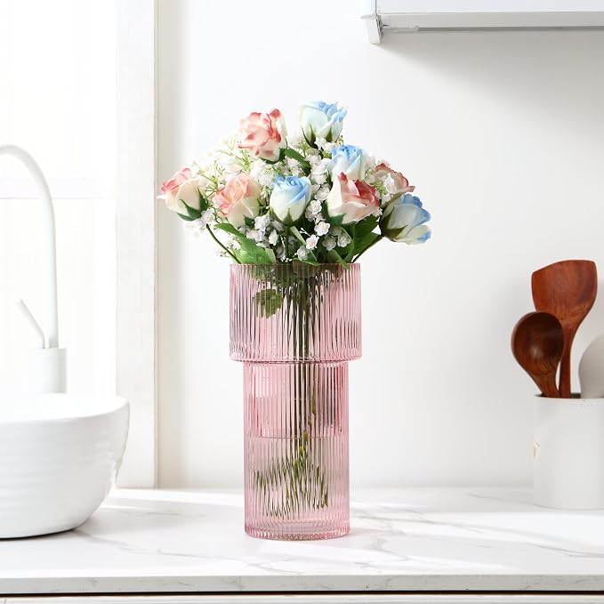 Large Pink Glass Vase, 12 Inches Tall Fluted Vase - Image 3