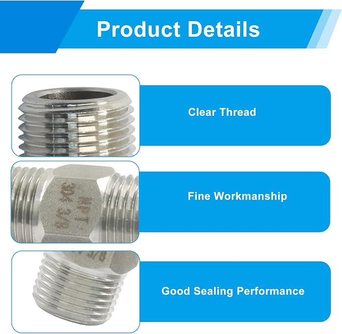 3/8" Male x 3/8" Male NPT Hex Nipple Pipe Fittings, Threaded Adapter, - Image 4
