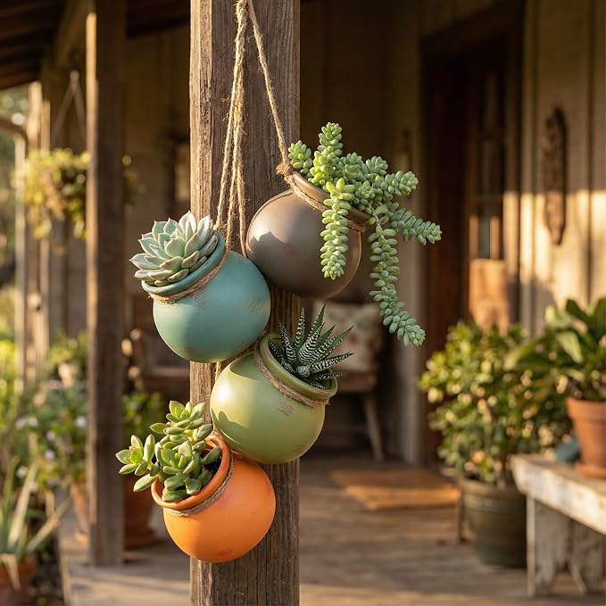 MyGift Dangling Southwest Desert Color Ceramic, 4 Pot Set | Wall or Ceiling - Image 5