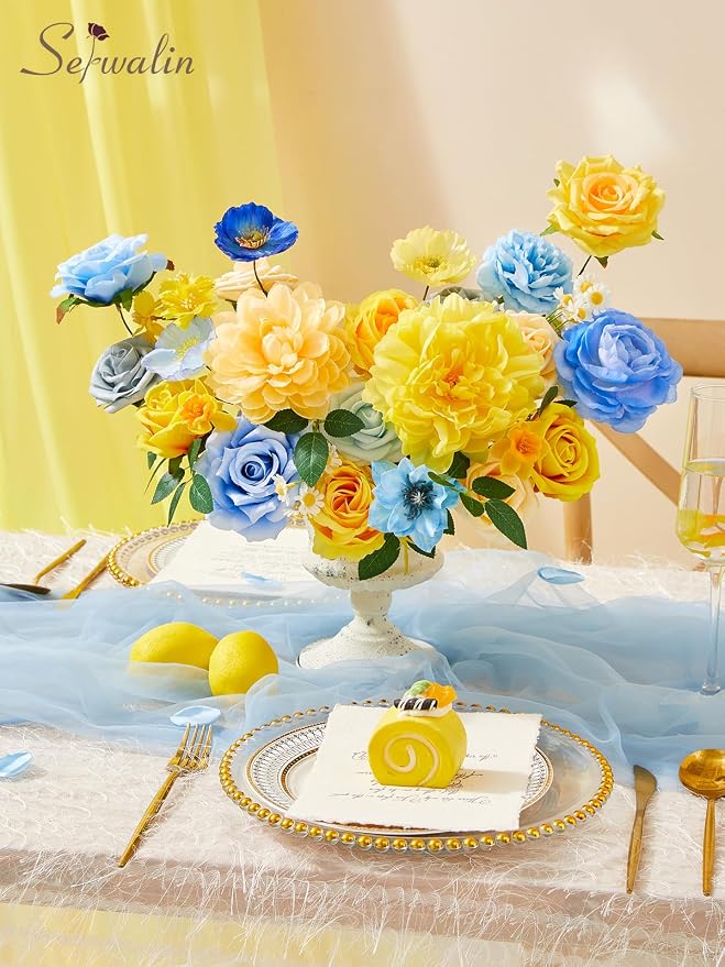 Serwalin Artificial Flowers Blue & Yellow Silk Flowers - Image 2