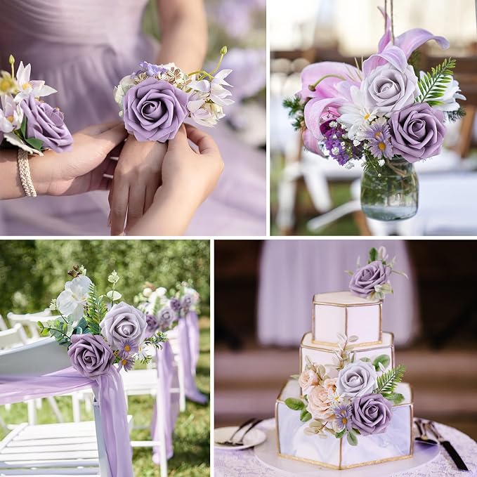 AmyHomie Pale Lavender Rose 25pcs Real Looking Artificial Flowers w/Stem | - Image 3
