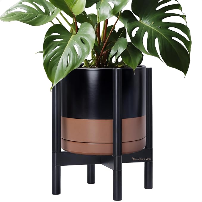 D'vine Dev Ceramic Pot with Ebony Wood Stand, 12 in, 55-B-H-7 | Mid-Century by DvineDevPlanterPotsandStand