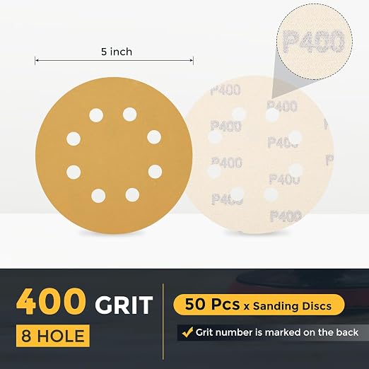 HARFINGTON 50Pcs 5Inch Sanding Discs 400Grit Yellow Aluminum Oxide 8 Hole | - Image 2