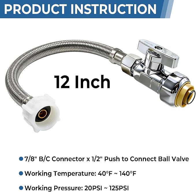 TTFLEX 12" Toilet Hose Kit 3/8" COMP x 7/8" BC Add 1/2" Push Shut Off Valve | - Image 5
