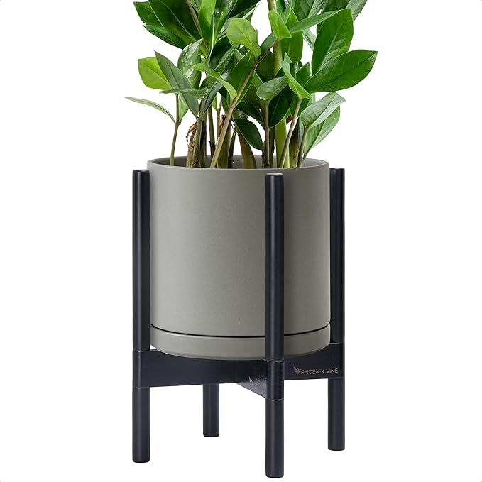 D'vine Dev Ceramic Pot with Ebony Wood Stand, 10 in, 55-B-L-3 | Mid-Century by DvineDevPlanterPotsandStand