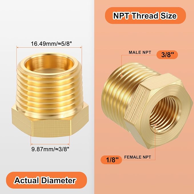15 Pack Male to FeMale Adapters, 3/8" Male NPT x 1/8" FeMale NPT Brass Hex - Image 2