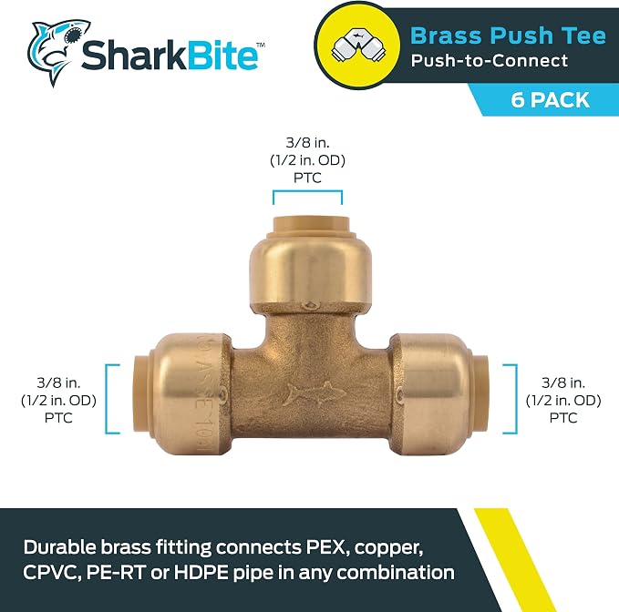 SharkBite 3/8 Inch Tee, Push to Connect Brass Plumbing Fitting, PEX Pipe - Image 2