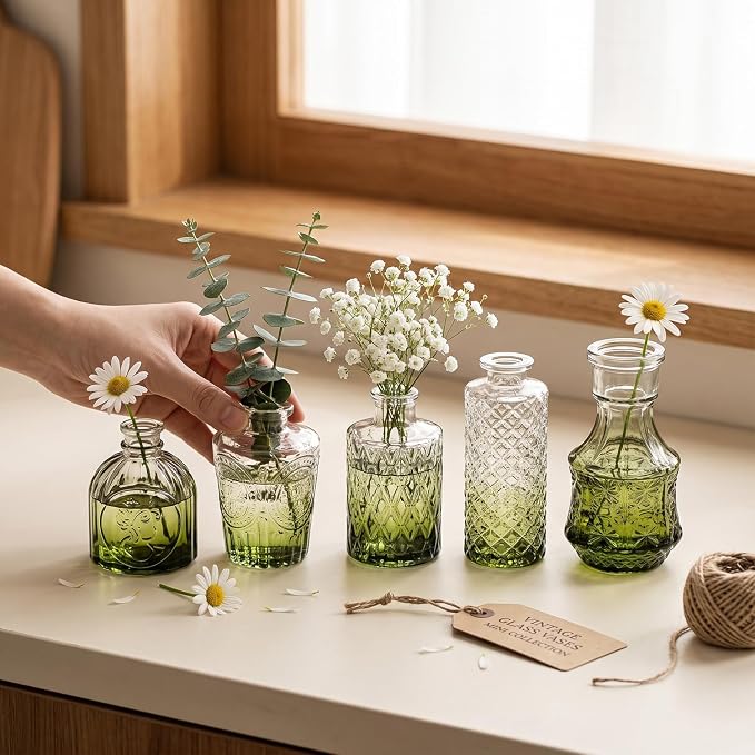 Clear Gradient Green Glass Bud Vase Set of 24 Pcs, Small Bud Vases in Bulk - Image 2