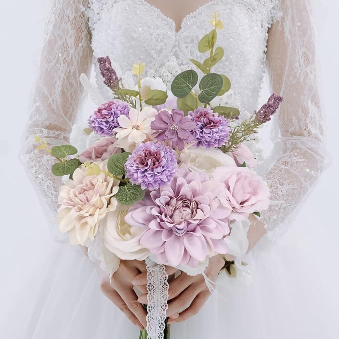 Artificial Flowers Combo Purple Flowers Mix Silk Flowers Dahlia Roses - Image 7