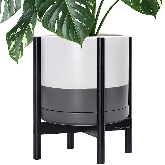 D'vine Dev Ceramic Pot with Ebony Wood Stand, 14 in, 55-B-S-6 | Mid-Century by DvineDevPlanterPotsandStand