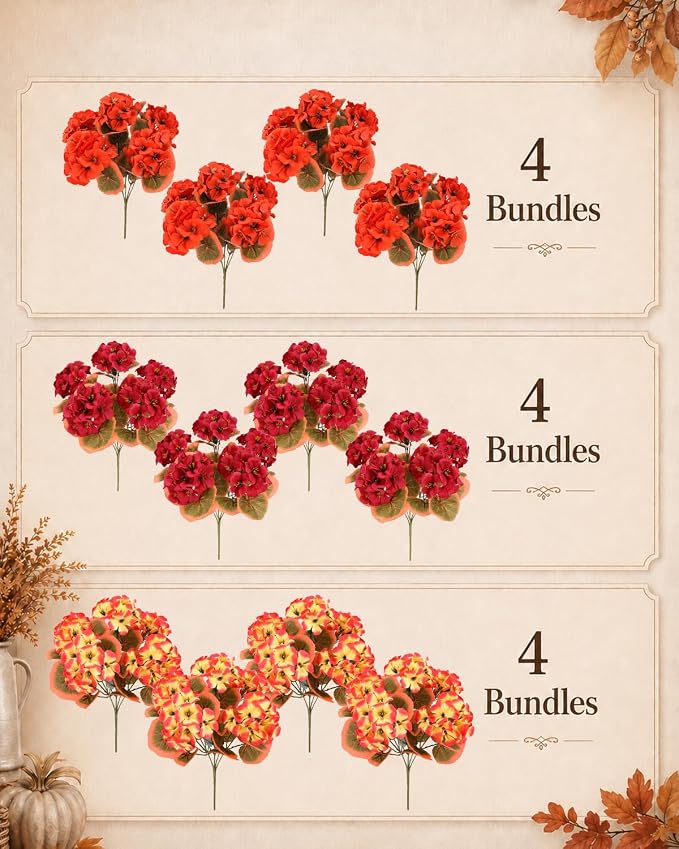 Artificial Fall Flowers for Outdoors, 12 Bundles Faux Geraniums | UV-Resistant - Image 7