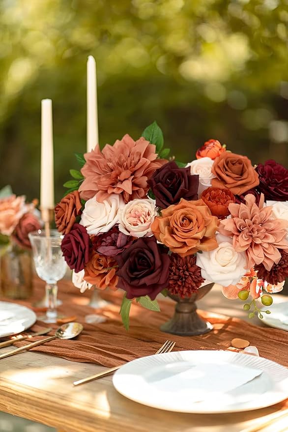 FACINOC Roses Artificial Flowers Orange Bouquet Fake Flower Dahlia Box Set | - Image 3
