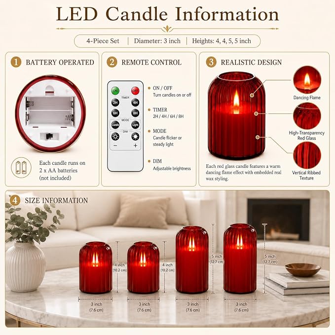 Lezonic Red LED Flameless Candles, Dancing Flickering Flame Real Wax, Home Decor - Image 3