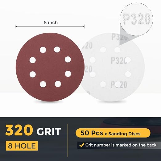 HARFINGTON 50 Pcs 5 Inch Sanding Discs 320 Grit Red Aluminum Oxide 8 Hole | - Image 2