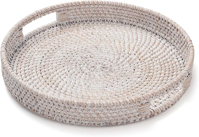 11.8 inch Round Rattan Tray, Decorative Coffee Table Trays, Ottoman Tray by YANGQIHOME