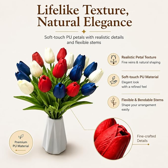 Mandy's 20pcs Artificial Red White Blue Tulips | 13.5 Inch Lifelike PU Tulips - Image 2