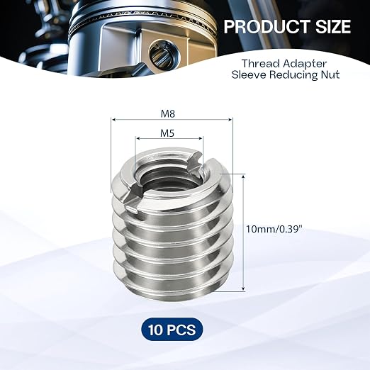 10Pcs Thread Adapter Sleeve Reducing Nut, M8 M to M5 F, 10mm Length | M8 x 1.25 - Image 2