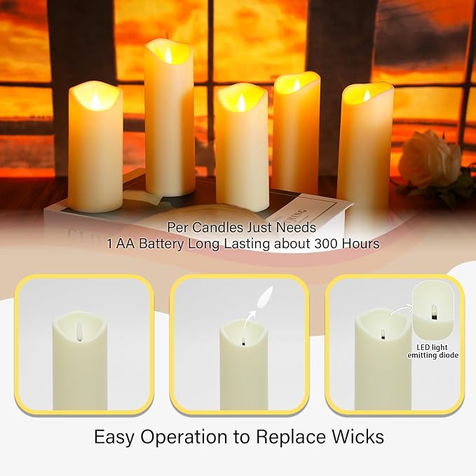kakoya Flickering Flameless Candles, Battery Operated Acrylic LED Pillar Candles - Image 2