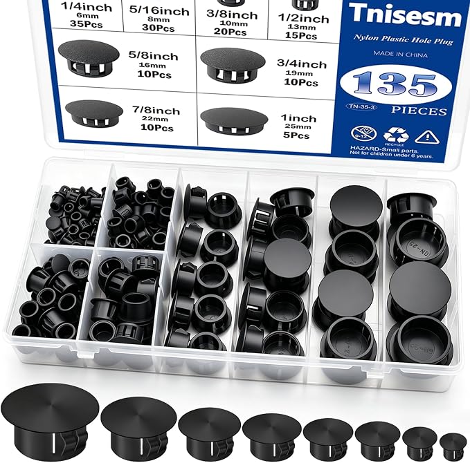 Tnisesm 135Pcs 8 Sizes Nylon Plastic Hole Plugs Black 1/4" 5/16" 3/8" 1/2" 5/8" by Tnisesm