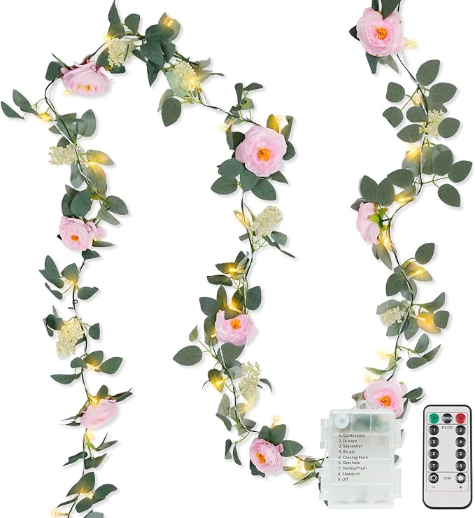 60LED Garland with Pink Camellia Lights Battery Operated Clear Wire | Vines by SUDDUS