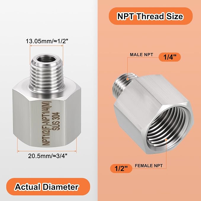 1 Pack 304 Stainless Steel FeMale to Male Adapters, 1/2" FeMale NPT x 1/4" Male - Image 2