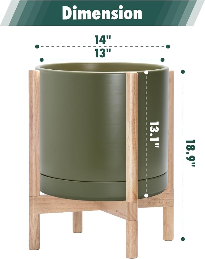D'vine Dev Ceramic Pot with Natural Wood Stand, 14 in, 55-B-R-J | Mid-Century - Image 3