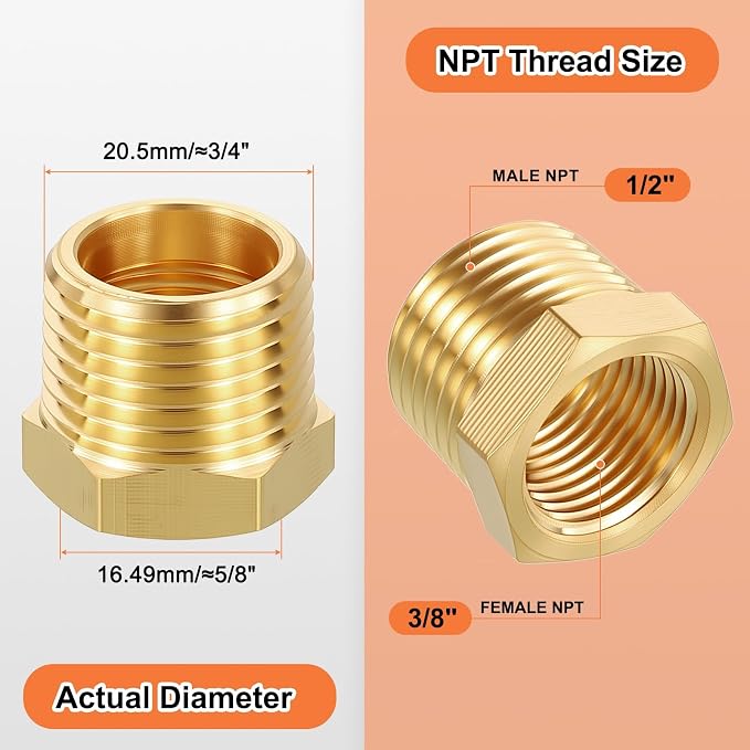 10 Pack Male to FeMale Adapter, 1/2" NTP Male x 3/8" NTP Female Brass Hex - Image 2