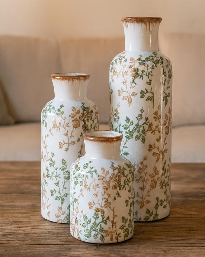 Brown and Green Ceramic Vase Set of 3, Vintage Botanical Vases - Image 7
