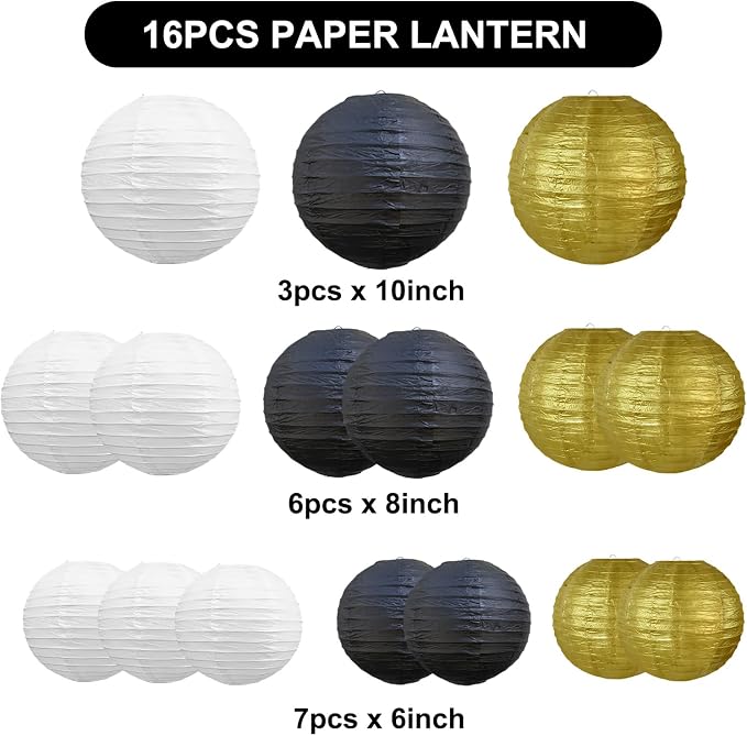 BEISHIDA Black Gold Paper Lanterns 16Pcs 6/8/10 Inch Round Chinese Lamp | Paper - Image 2