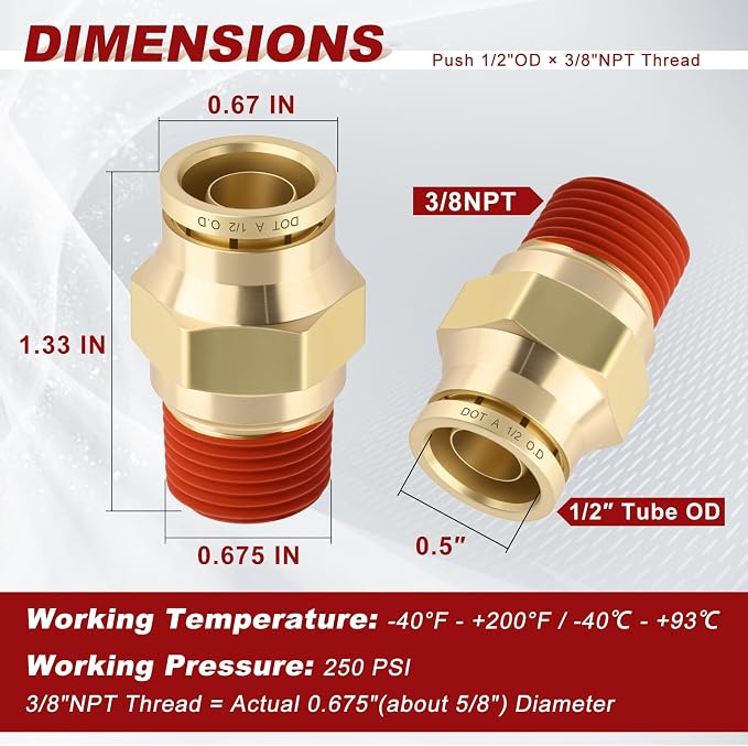 DOT Approved Male Straight Brass Union 1/2" Tube x 3/8" NPT, Quick Connect Union - Image 5