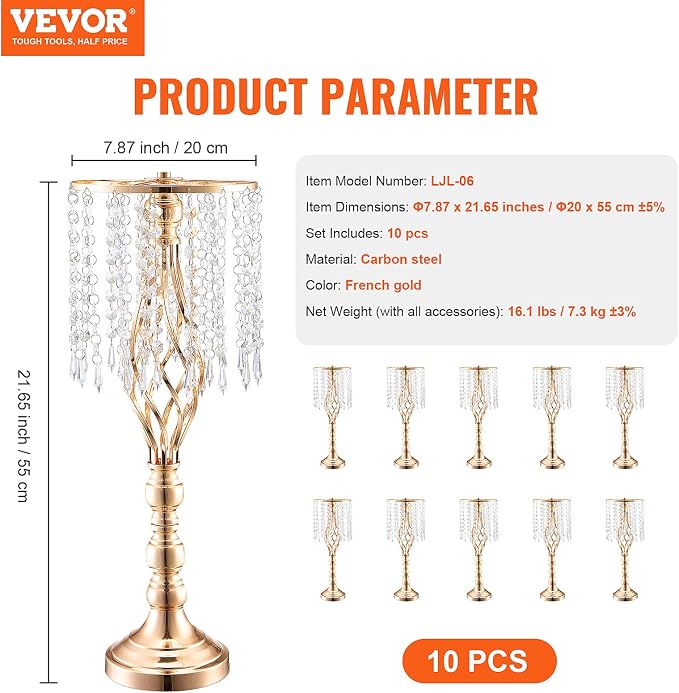 VEVOR 10PCS 55cm/21.65” Tall Crystal Wedding Flower Stand, Metal Wedding - Image 7