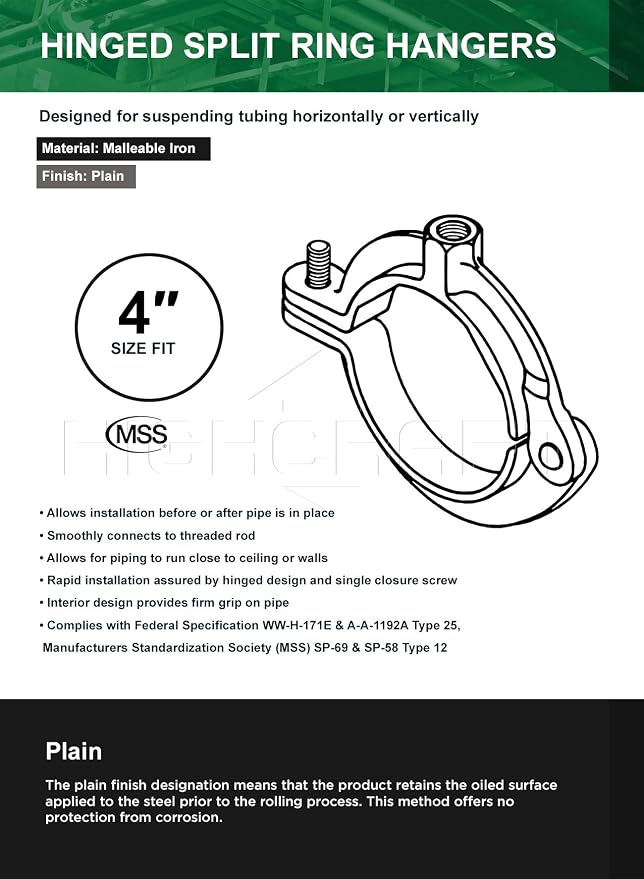 HIGHCRAFT HINGB-04-5 Industrial Decor Hinged Split Ring Pipe Hanger 4 in. - Image 5