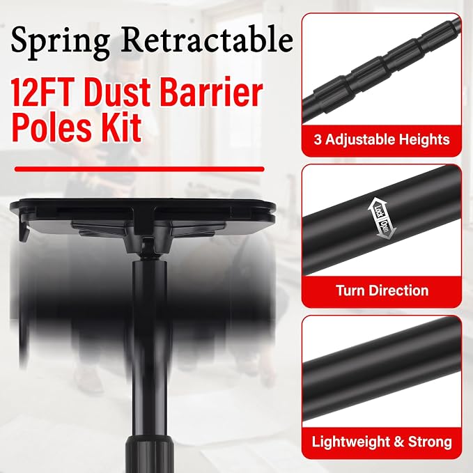 12FT Dust Barrier Poles Kit, Spring Retractable Zipper Wall Poles - Image 9