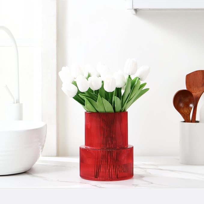 Ribbed Glass Vase, Flower Vase, Fluted Red Vases - Image 3