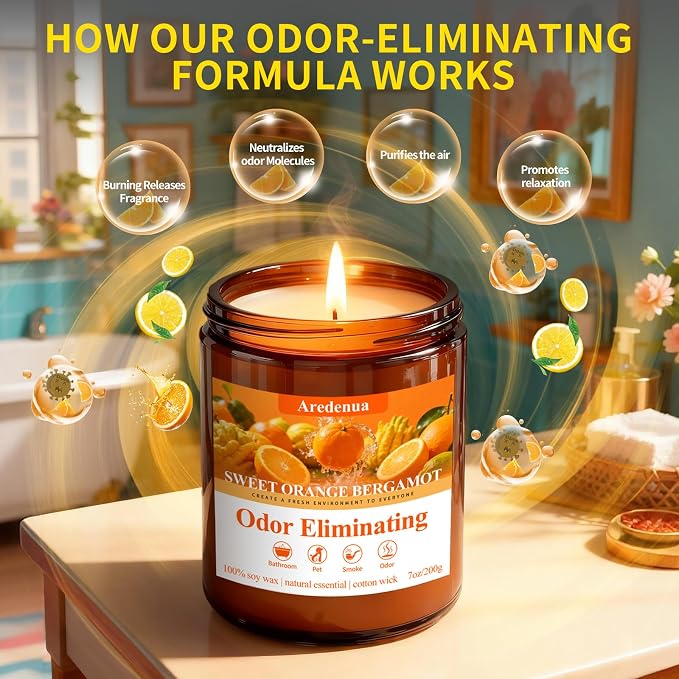 Sweet Orange Odor Eliminating Candles, 7 oz Soy Scented Candle | Eliminates 95% - Image 5