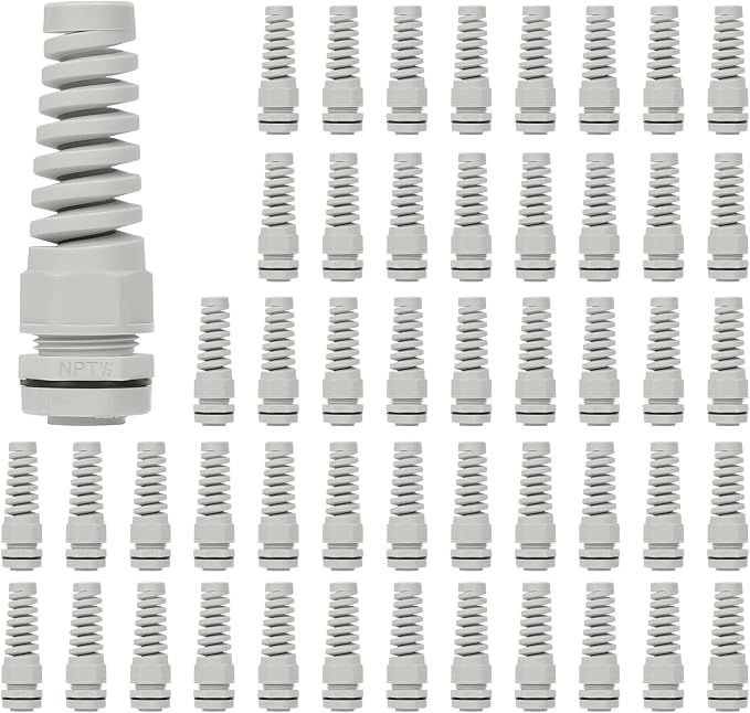 50Pcs NPT 1/2" IP68 Waterproof Cable Gland Flex Spiral Strain Relief Grey Nylon by LeMotech