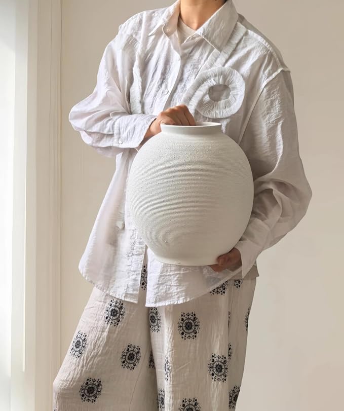 Large White Ceramic Vase, 10.8" Sandstone White | Round Rustic Table Vase - Image 4