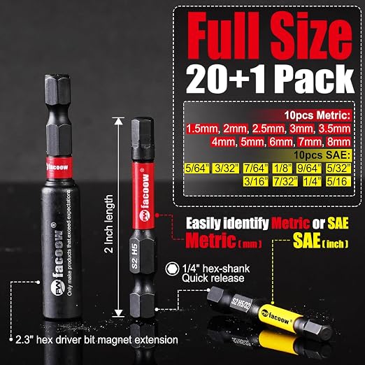 Facoow 21PCS Impact Hex Bit Set, CNC Machined 1/4 Hex-Shank Allen Key Bits - Image 2