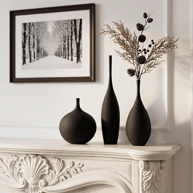 Black Ceramic Vases Set of 3, Modern Boho Vases - Image 3