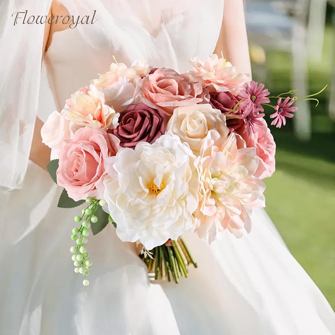 Artificial Flowers Combo Pink Flowers Mix Silk Flowers Dahlia Roses - Image 7