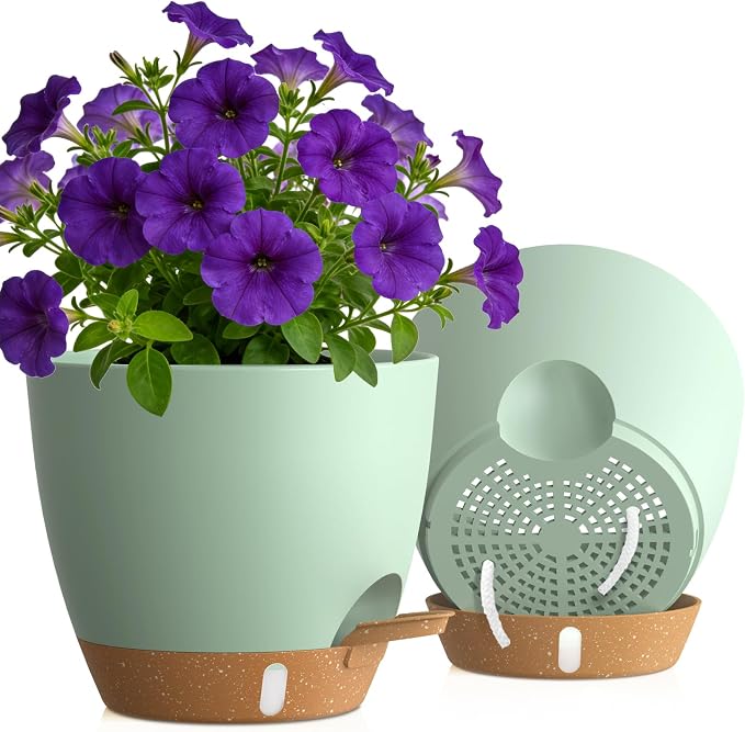 Self Watering Pots with Drainage Holes, 2 Pack 10 Inch Plant Pots with Water by KUGAZ