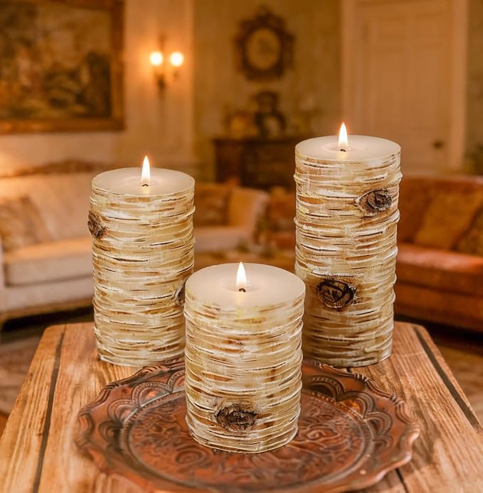 Birch Bark Pillar Candle Set of 3, Real Wax Fireplace Decor Candles | Assorted - Image 5