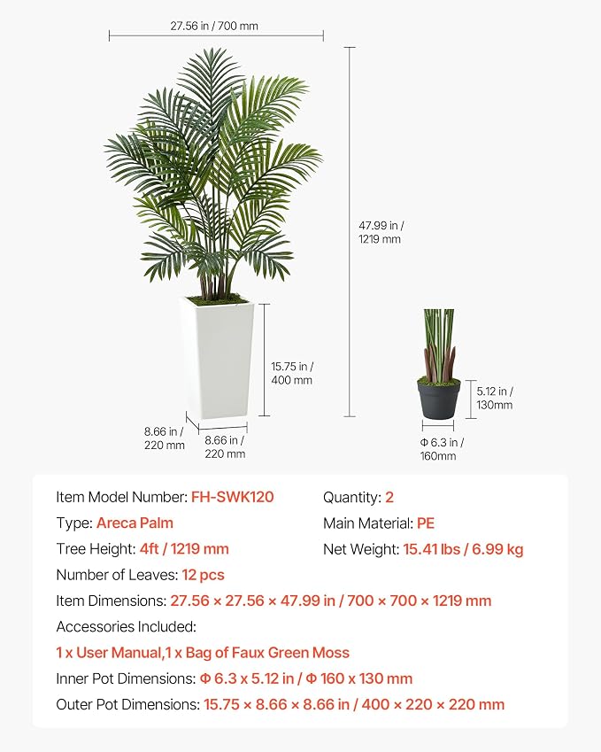 VEVOR Artificial Areca Palms 4 ft, 2 Pack Fake Palm Tropical Plants - Image 7