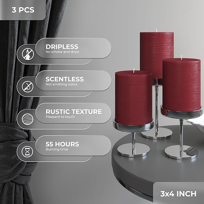3x4 inch Pillar Candles Set of 3 – Unscented Dripless Rustic Burgundy Candles - Image 2