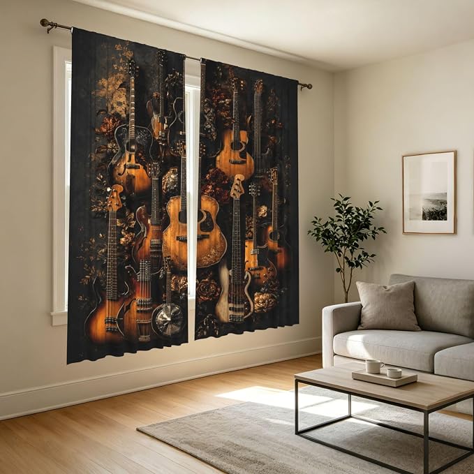 Floral Guitar Music Window Curtains 2 Panels Set, 52 X 84 Inch Polyester Drapes - Image 7
