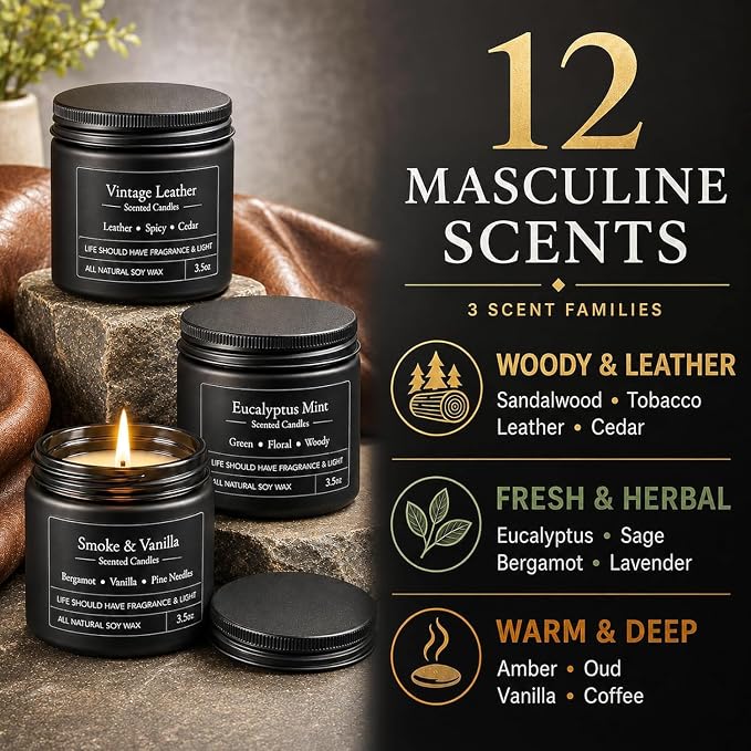 YMing 12 Pack Scented Candles for Men, Masculine Soy Candle Gift Set, 3.5 oz - Image 2