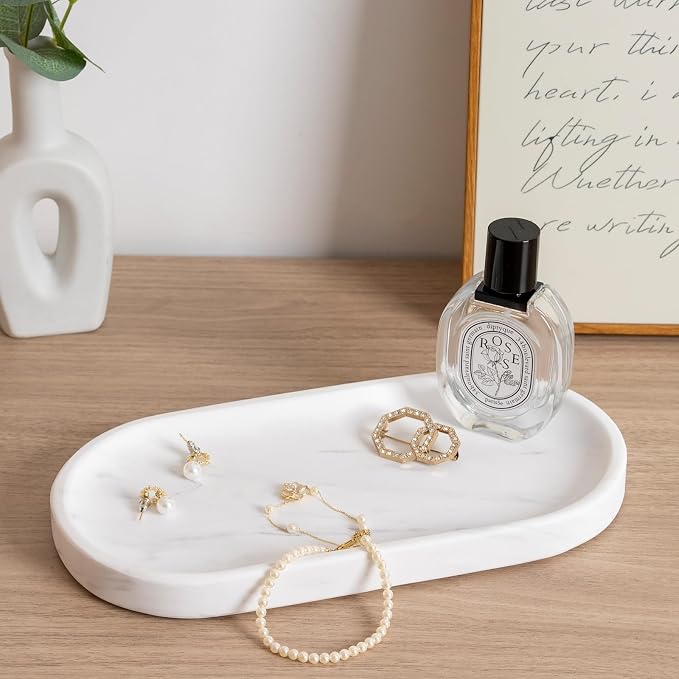 White Marble Oval Tray for Bathroom Countertop, Stone Perfume Organizer Tray - Image 6