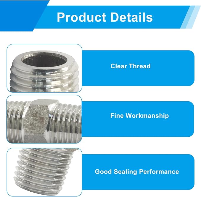 1/4" Male x 1/4" Male NPT Hex Nipple Pipe Fittings | 304 Stainless Steel - Image 4