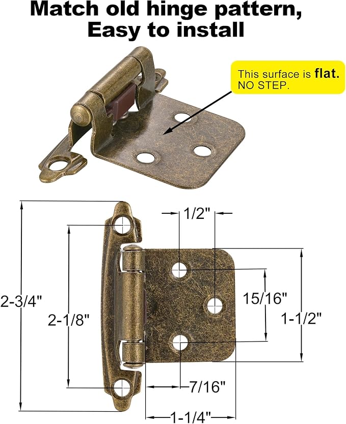 Antique Brass Cabinet Hinges, 1/2” Overlay, 10 Pack | - Image 2